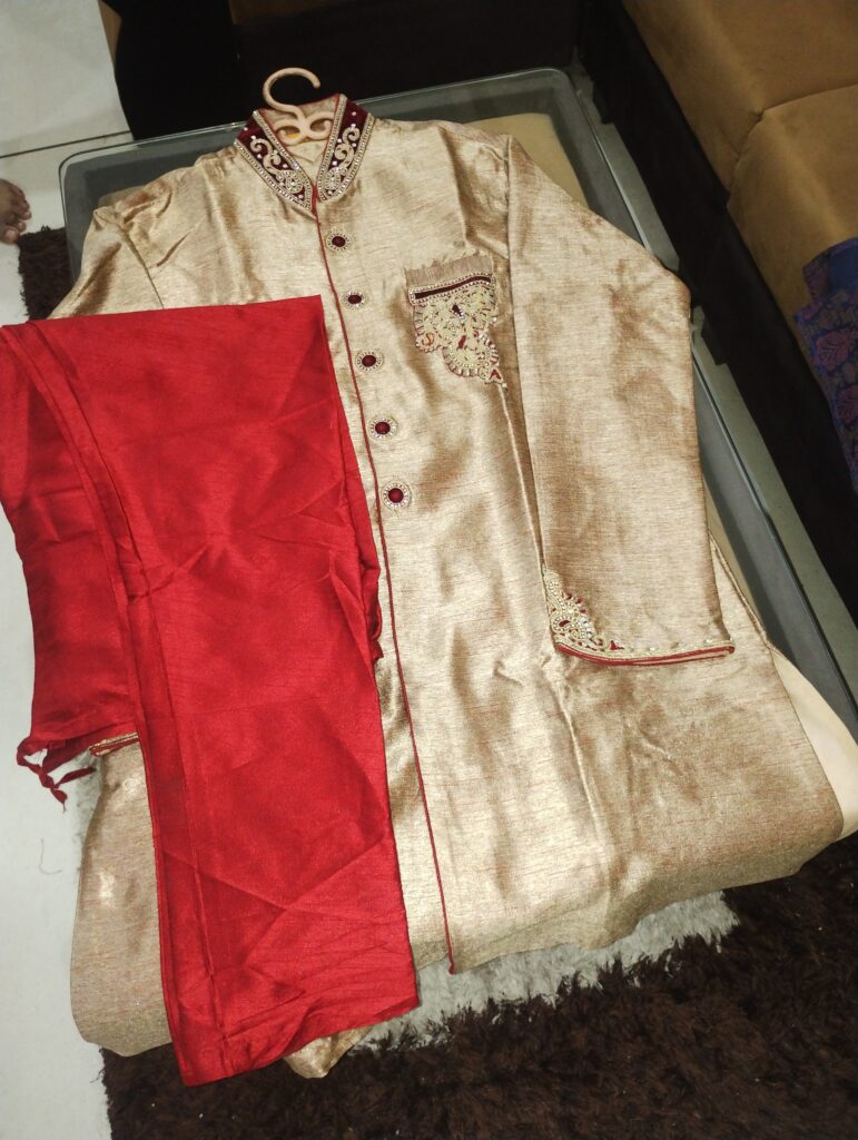 Premium Golden Designer Sherwani with Red Pajama
