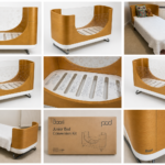 Beautiful Ubabub Pod Cot 2-1 convertible Bed with Junior Bed Conversion Kit in natural wood.
