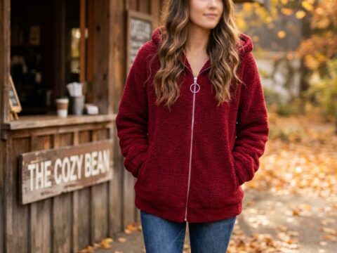 Plus Size Burgundy Teddy Plush Zip-Up Hoodie – Soft Fluffy Cardigan with Silver Ring Zipper – ILine