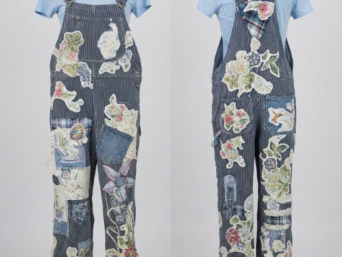 One-of-a-Kind Upcycled Patchwork Railroad Stripe Denim Overalls. Size Md