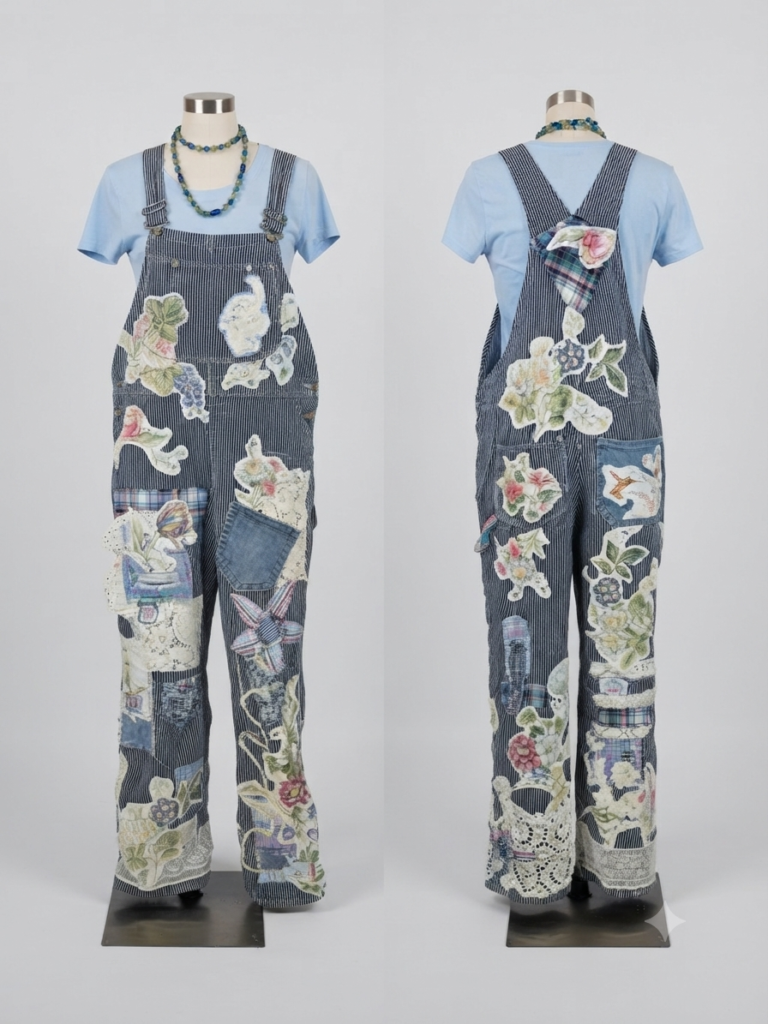 One-of-a-Kind Upcycled Patchwork Railroad Stripe Denim Overalls. Size Md